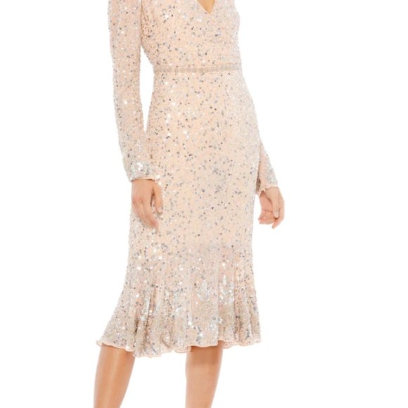 MAC DUGGAL 10740 SEQUIN EMBELLISHED HEMLIN BELT NUDE/SILVER MIDI DRESS sz 8 - Picture 5 of 6